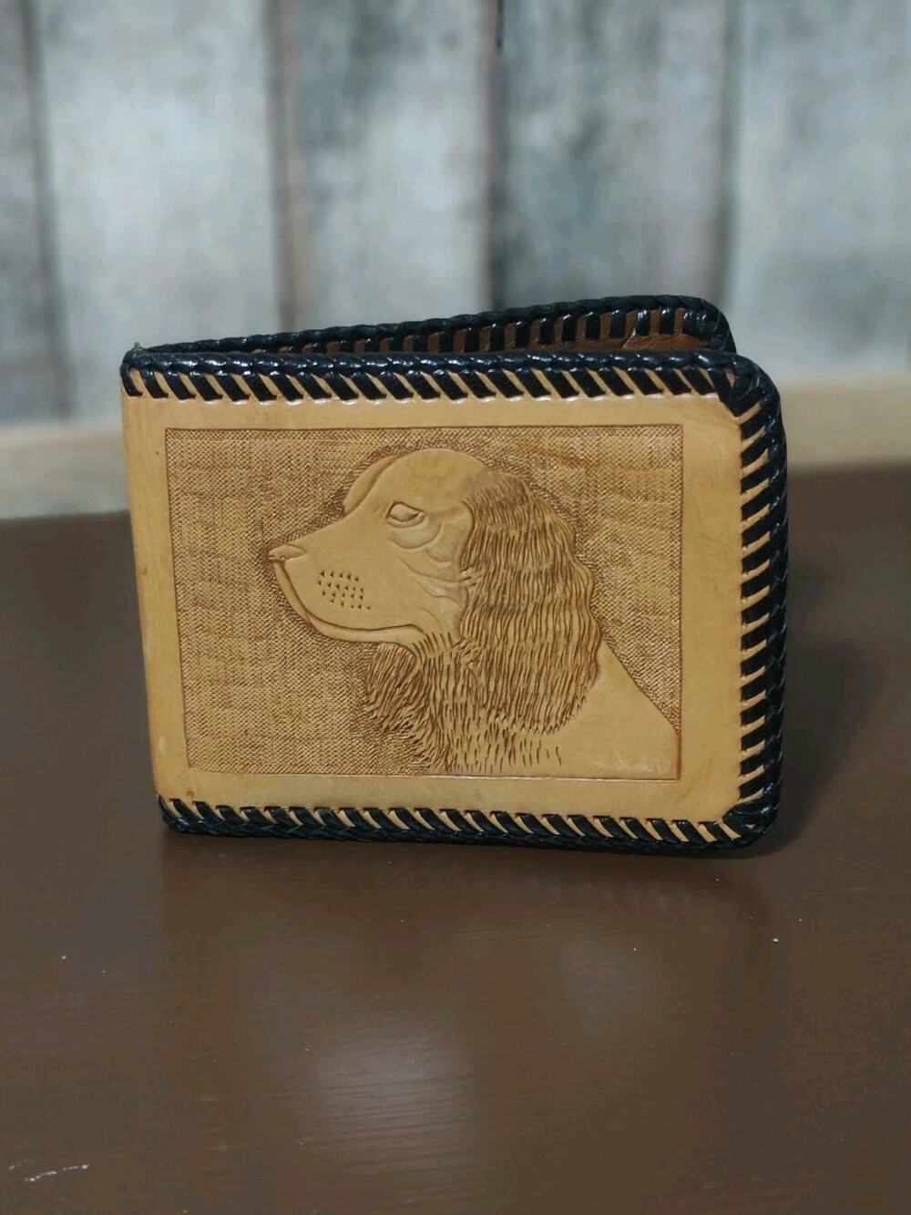 Western Hand Tooled Leather Wallet Dog/Floral Design Brown Unisex New W/Out Tags